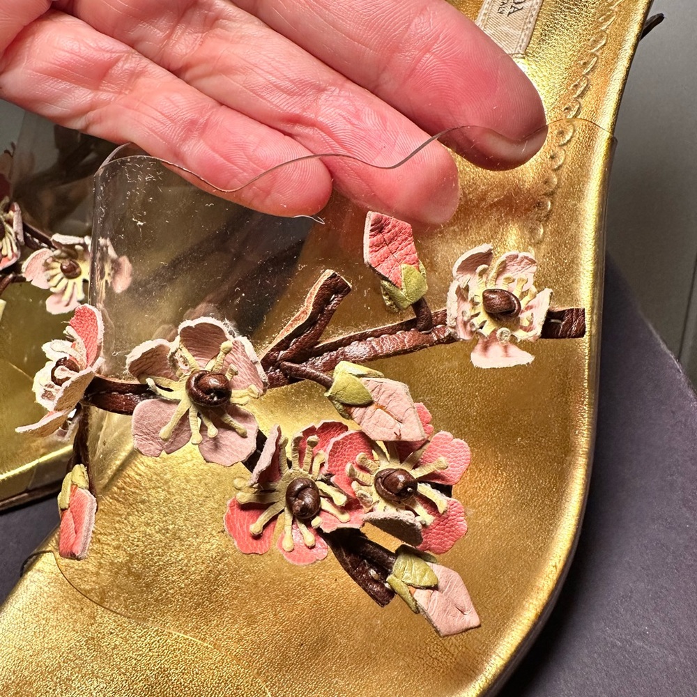 Vintage Prada Gold Leather Floral PVC Mules with Metal Heel - Picture 8 of 10